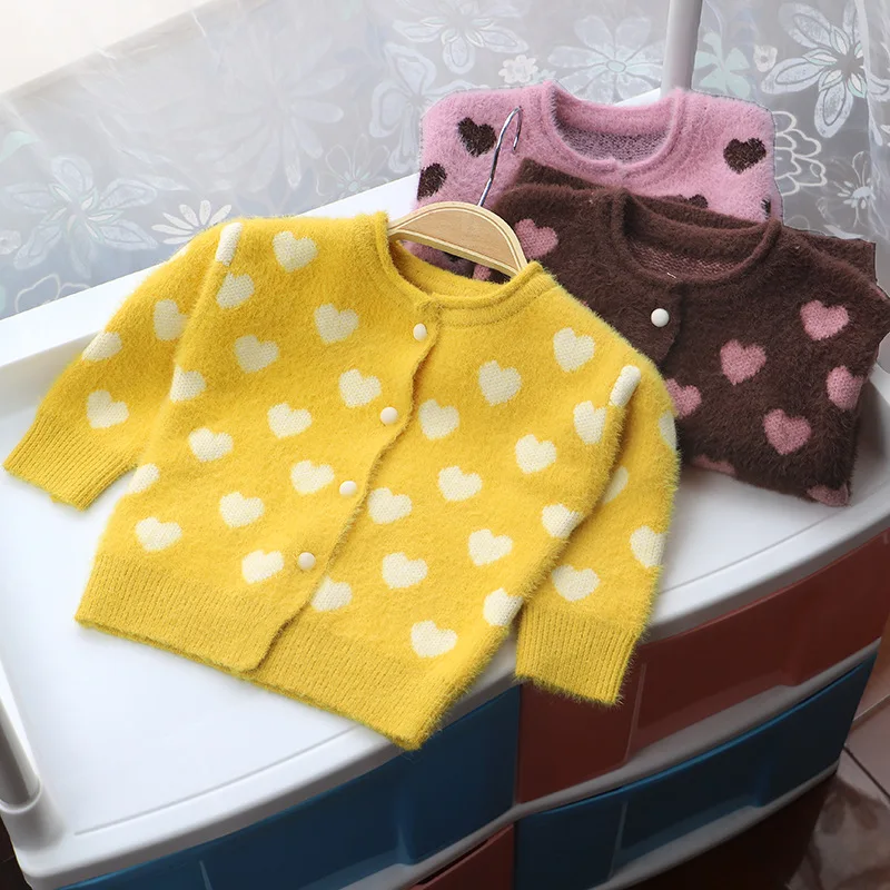 

BA Soft Childrenswear Korean-style New Products Autumn And Winter Kids' Sweater Girls Polka Dot Heart Cardigan Sweater