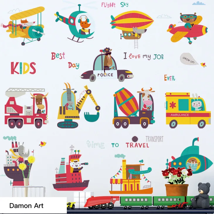 

Engineering Vehicle Aircraft Ship Wall Sticker Cartoon Boy Rooms Nursery Classrooms Early Education Kids Room Decoration Posters