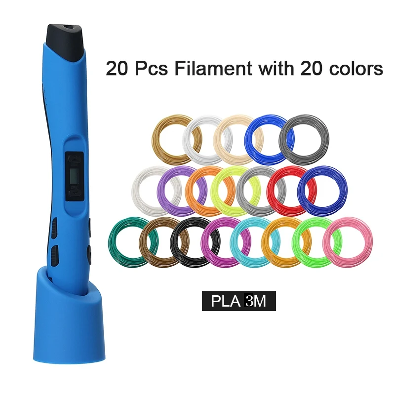 Blue Wireless 3D Printing Pen LED Display with Filament Support 1.75mm PLA PCL ABS Filament for Kids Toy Birthday Gifts EU/US/EK Plug - Цвет: Blue