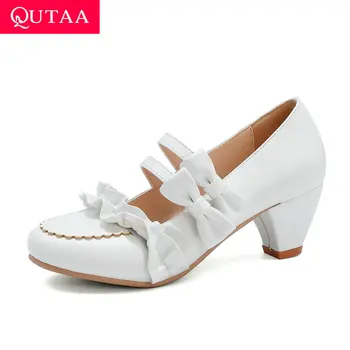 

QUTAA 2020 Hook&Loop Butterfly-Knot Ladies Single Shoes PU Round Toe Shallow Women Pumps Fashion Square High Heels Size 34-43