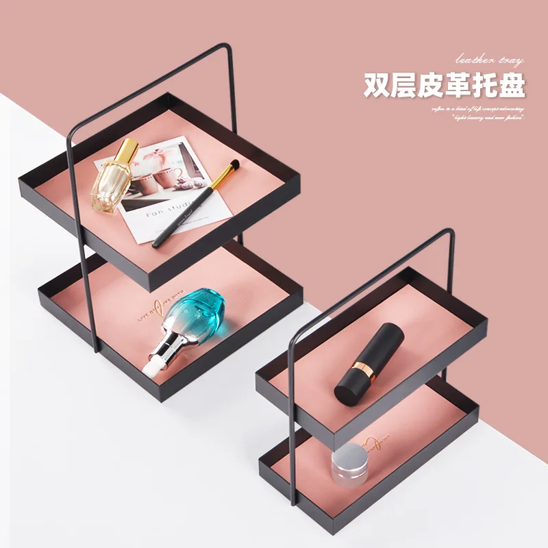 

Double Layer Leather Mat Metal Storage Tray Entrance Dining Tray Debris Cosmetics Jewelry Organizing Tray Snack Tea Tray