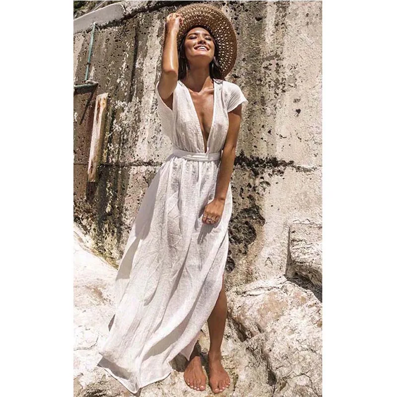

2019 New Cover-ups Summer Women Beach Wear White Cotton Tunic Dress Bikini Bath Sarong Wrap Skirt Swimsuit Cover Up Ashgaily