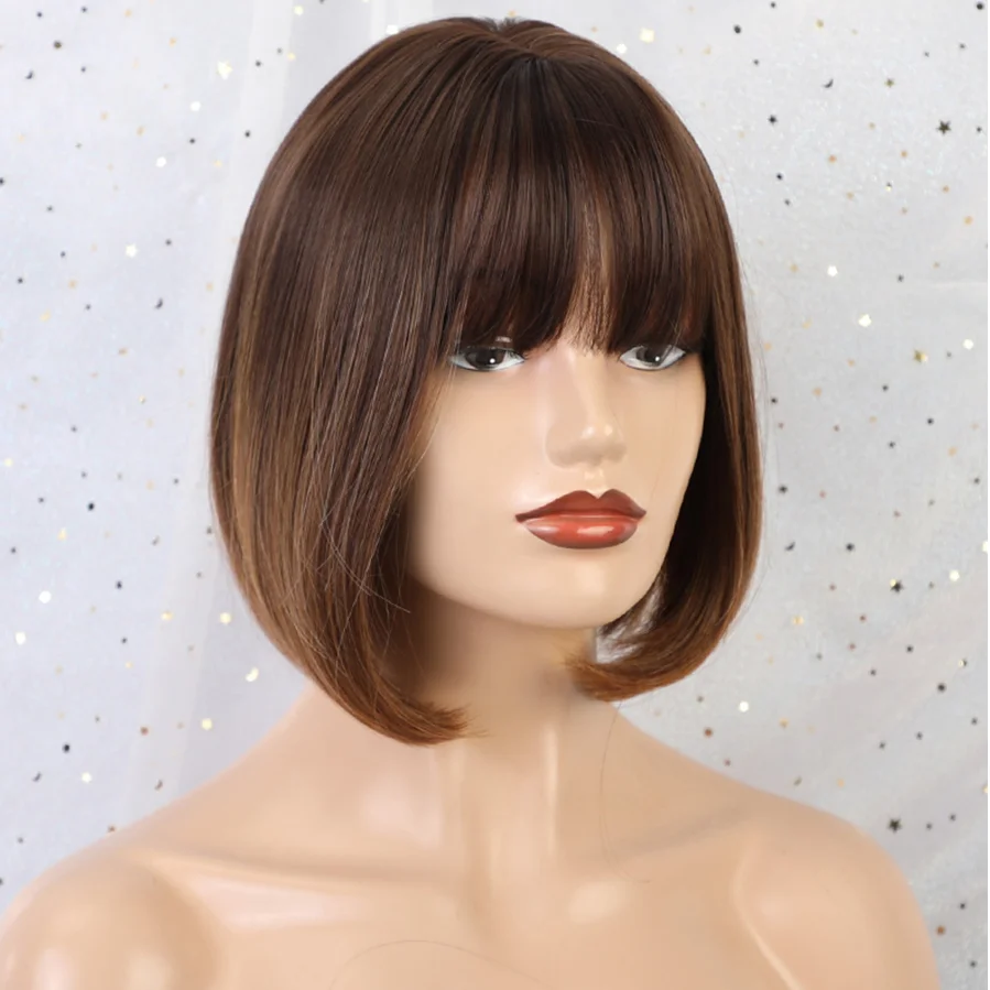 SS146-2 Synthetic Wigs Black to Brown Ombre Hair With Bangs For Women Short Straight Bob Hairstyle Cosplay Wigs Heat Resistant Fiber - Color: SS146-2