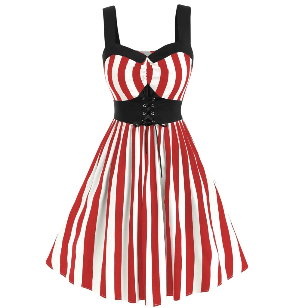 

Rockabilly Vintage Dress Vertical Stripe Strap Sleeveless Swing Women's Dresses Spring And Summer Party Dresses Women Evening