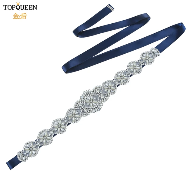 TOPQUEEN S161 White Wedding Belts Silver Rhinestone Belt Accessories for Bride Crystal Formal Dress Belt Gown Sash Bridal Belt Navy Blue Ribon