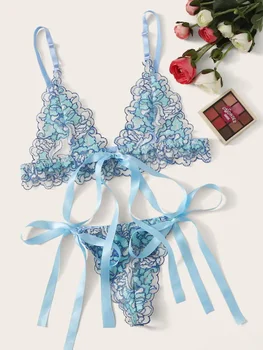 

Embroidery Flowers Underwear Set Women Sexy Brassiere with Ribbon See Through Bra Lace Blue Transparent Lingerie Set