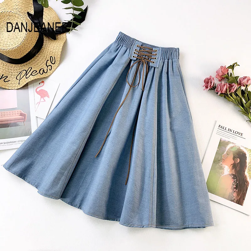 DANJEANER джинсовые юбки в консервативном стиле с высокой талией, Женские винтажные плиссированные юбки с эластичной талией, элегантные трапециевидные длинные юбки