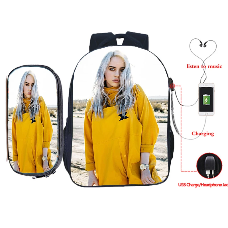 26 Billie Eilish рюкзак для зарядки через usb 2 шт./компл. школьная сумка для подростков мальчиков и девочек рюкзак для ноутбука пенал Дорожная сумка на плечо - Цвет: 26