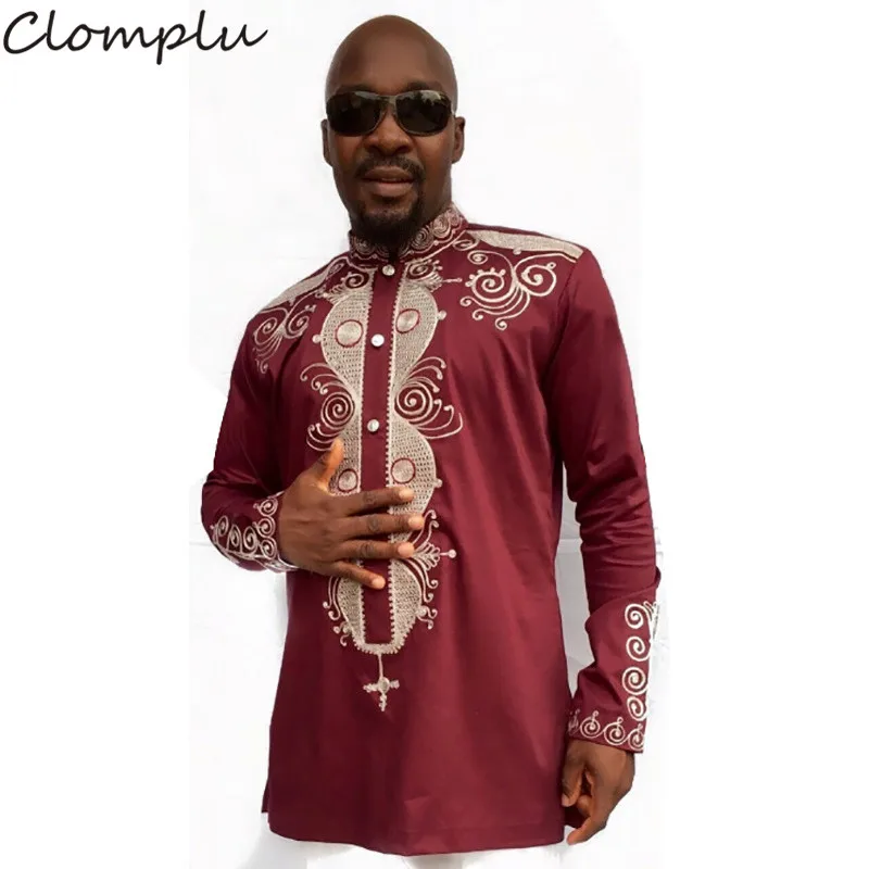 Clomplu Dashiki модная африканская одежда с длинными рукавами Дашики Мужская осенняя одежда с принтом рубашки красный черный белый плюс размер - Цвет: Красный