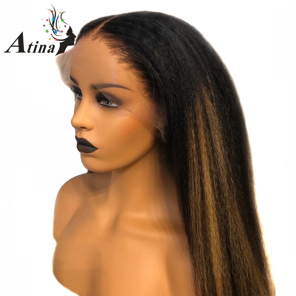 

Ombre Brown and Blonde Highlight Wig Colored 13X6 Lace Front Human Hair Wigs 150 Density Kinky Straight Wig For Women Remy Atina