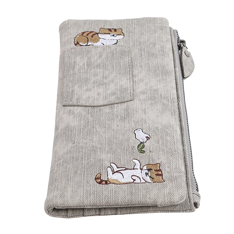 Dark Gray Женский кошелек с ручкой на запястье, Длинный кошелек, отделение для денег, карман, кошельки, держатели для карт, кошелек с вышитым рисунком кошки для женщин - Цвет: Dark Gray
