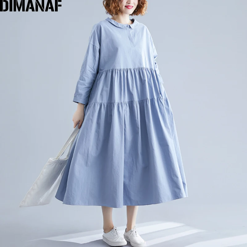 DIMANAF женское платье большого размера, свободное ТРАПЕЦИЕВИДНОЕ Плиссированное женское платье Vestidos, Дамское элегантное платье с длинным рукавом, однотонная осенняя одежда