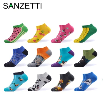 

SANZETTI 6-12 Pairs/Lot Ankle Socks Man Casual Animals Fruits Mix Happy Funny Combed Cotton Short Sock Wedding Party Dress Socks