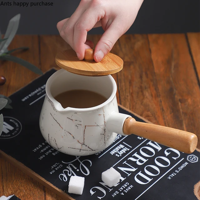 Fehér Arany Mintázat Kerámia Tejkanna Fa Fogantyú Kávé Tej Edény Kávéfőző Kiegészítők Asztali Fedéllel - Image 2