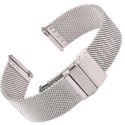 Elegant Stainless Steel Mesh Milanese Loop Bracelet Watchband - Silver Black with Deployment Clasp - 20mm (Silver)