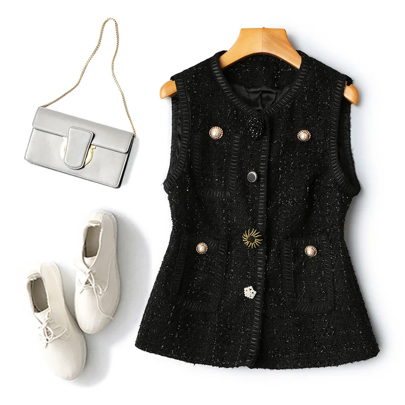 

Women Vest Fashion Beading Button Pocket Tweed Vest Single Breasted V Neck Sleeveless Jacket Elegant Waistcoat Outerw