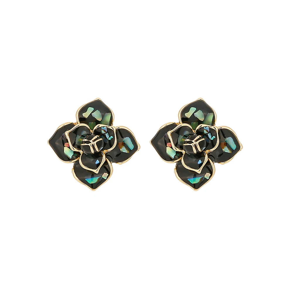 YMYW Shell Enamel Flower Plants Earrings Stud Black White Charm Brand Classic Fashion Real-Golden-Plated Earrings Brincos Bijou - Metal Color: Black