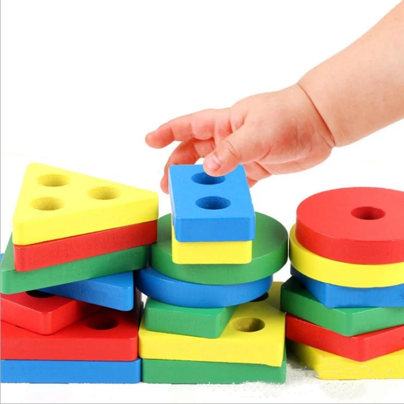 Детские раннее образование Обучающие деревянные игрушки блоки четыре набора колонок геометрический познавательный пять колонок