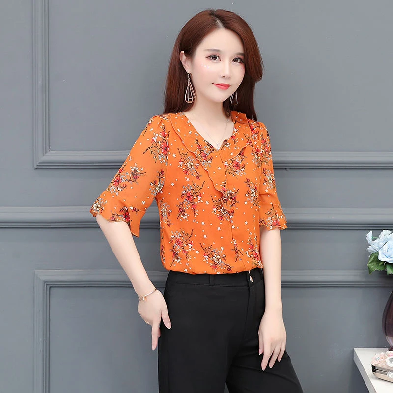 

Women Spring Summer Style Chiffon Blouses Shirts Lady Casual V-Neck Flower Printed Short Flare Sleeve Blusas Tops DF2959