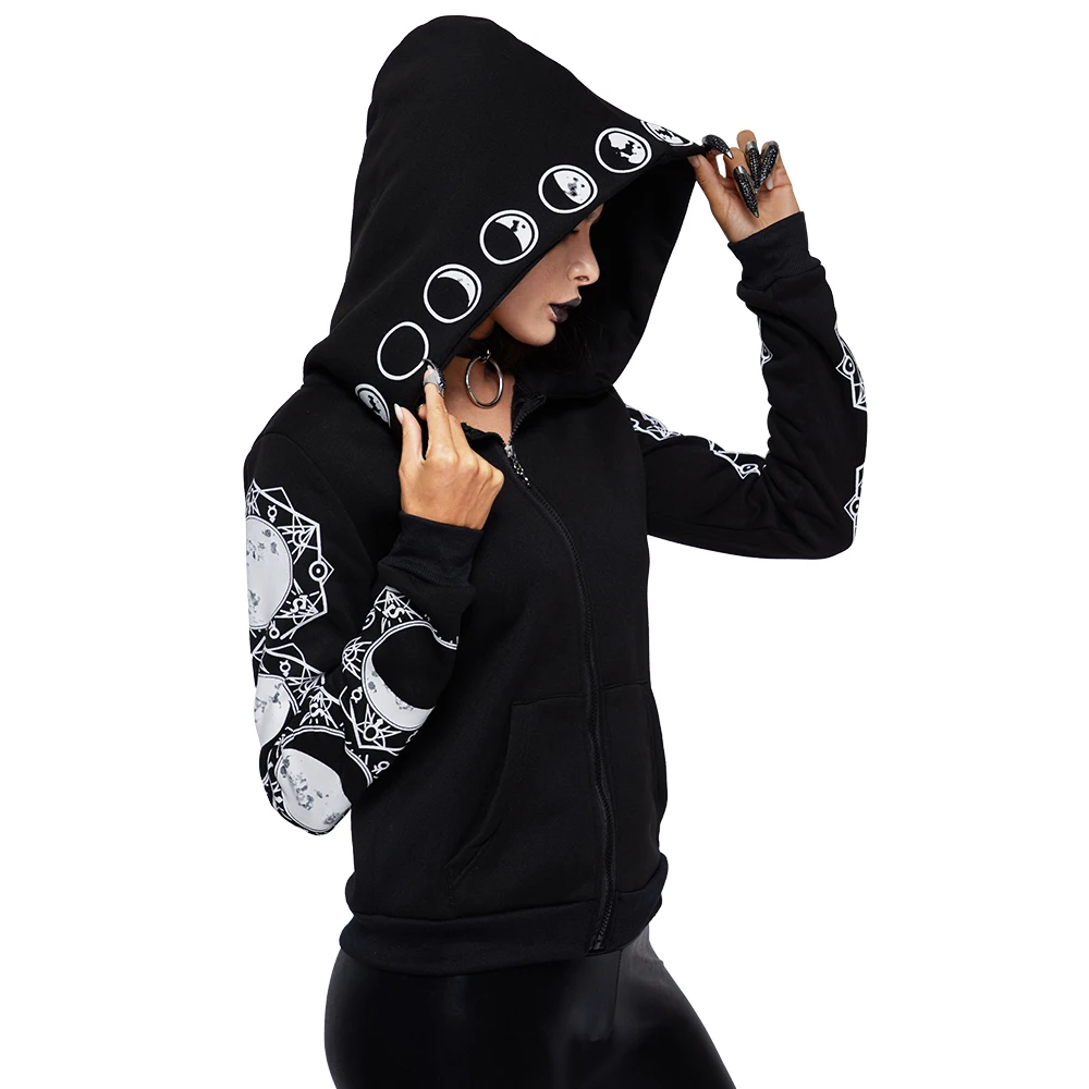 

2019 Autumn Winter Women Hoodies Gothic Punk Moon Letter Print Sweatshirts Long Sleeve Black Jacket Zipper Coat Casual Hoody 5XL