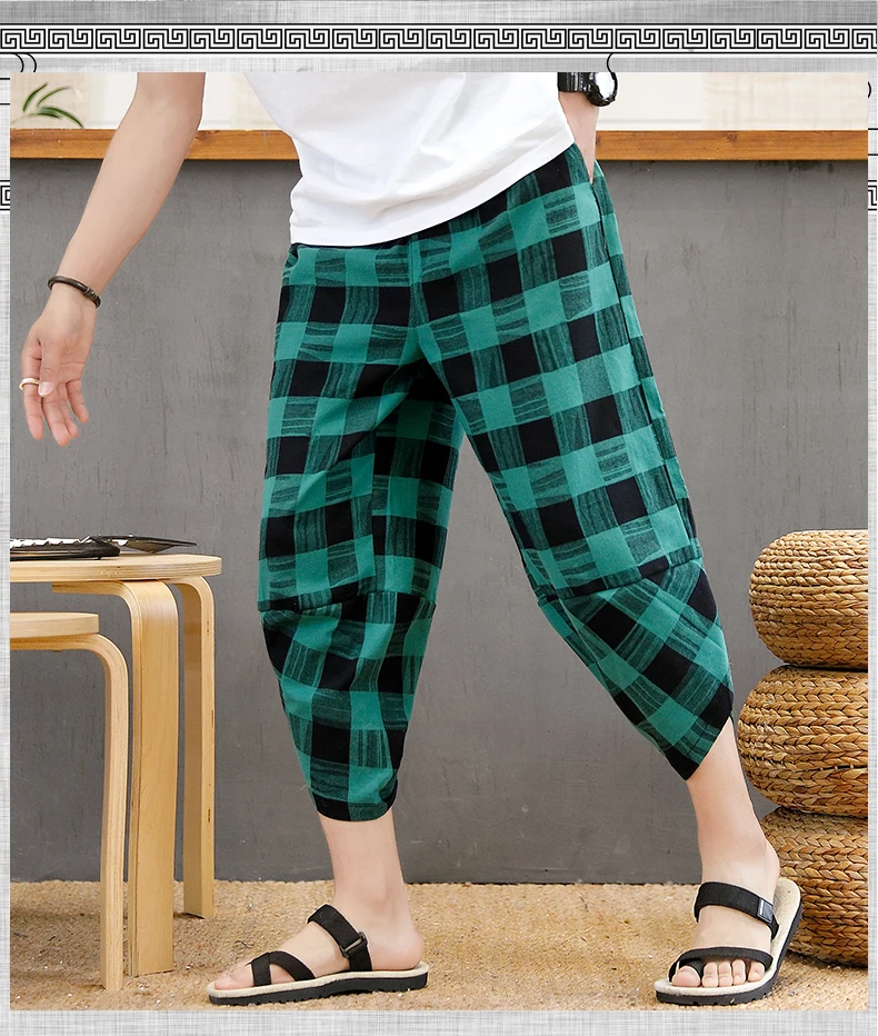 Summer Men's Cotton Linen Shorts Harem Pants Elastic Waist Wide Leg Pants Vintage Plaid Printed Trousers Male Loose Pantalon 5XL best casual shorts for men