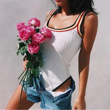 

Sexy Rainbow Colored O neck Backless Knitted Tank Bodysuit Woman Short Jumpsuit Slim fit Rompers Playsuits