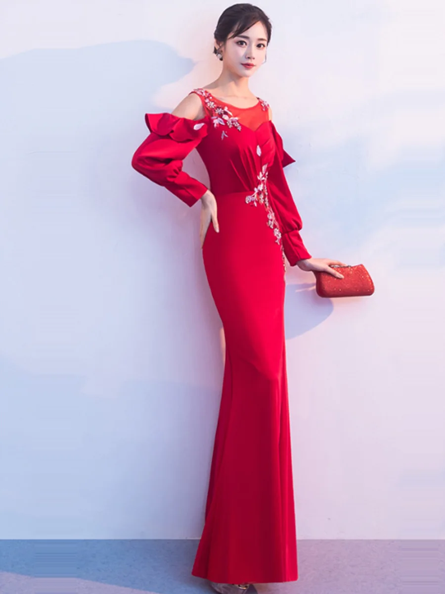 Вечернее платье с открытыми плечами Robe De Soiree вечернее платье с О-образным вырезом и длинным рукавом для женщин вечернее платье с разрезом русалки F237