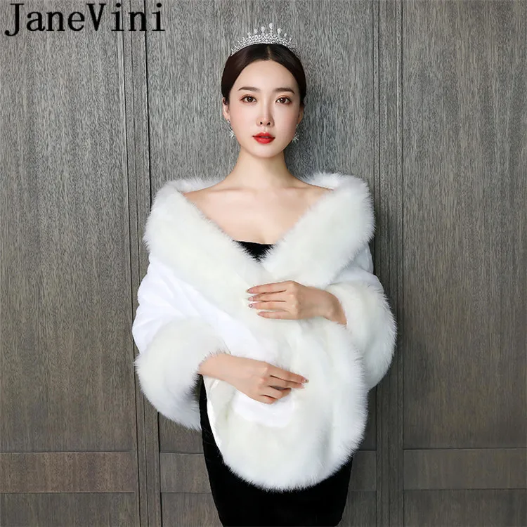 JaneVini White and Ivory Faux Fur Wrap Shawl Party Bolero Bridal Fur Boleros Formal Capes Winter Wedding Coats for Brides