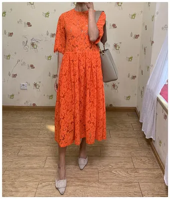 orange Дизайнеры белый/оранжевый гипюровый сетчатый Цельнокройное платье элегантное, миди полу-прозрачная накладка Нарядное платье Плиссированное Платье для пикника - Цвет: orange