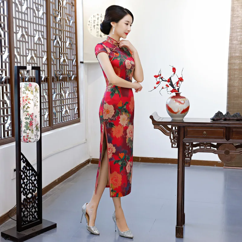 Sheng Coco китайское платье красное элегантное Cheongsam Длинные платья Вечерние с цветочным принтом вечерние Qipao M-4XL размера плюс женская одежда