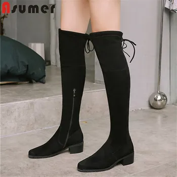 

ASUMER 2020 new arrival over the knee boots women lace up warm winter shoes slim low heel fashion stretch boots female black