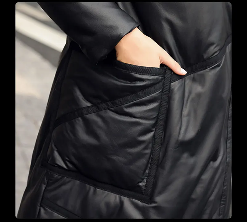 Novmoop high street women winter black hooded sheepskin genuine leather long down coat with button decor manteau femme LT2943