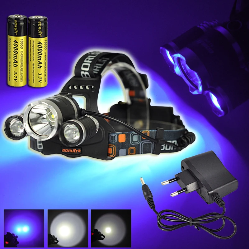 BORUIT RJ 3000 фиолетовый налобный фонарь XML T6 XPE УФ светодиодный фар 18650 Батарея USB