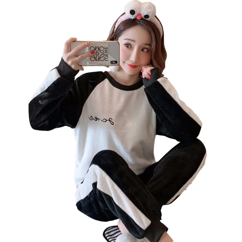Autumn Winter Women Flannel Pajamas Sets Long Sleeve Warm Coral Female Sleep Set Cartoon Animal Sleepwear Pijama Mujer