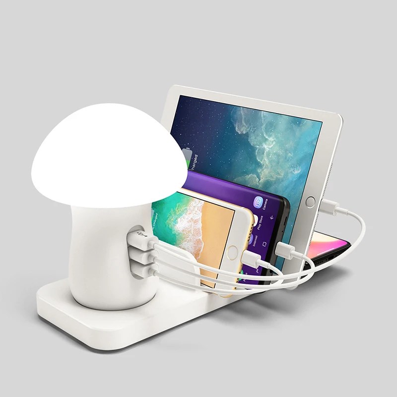 ABHU-Несколько Usb зарядное устройство для мобильного телефона, Ночной светильник в виде гриба, беспроводная зарядная станция Qc 3,0, быстрое зарядное устройство, штепсельная вилка европейского стандарта