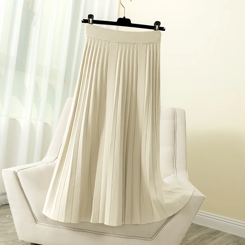 Autumn Winter Cashmere Blend Candy Pleated Long Knitted Skirts Solid Pink/Blue/Green Sweet A-line Pleated Mid Calf Knit Skirts