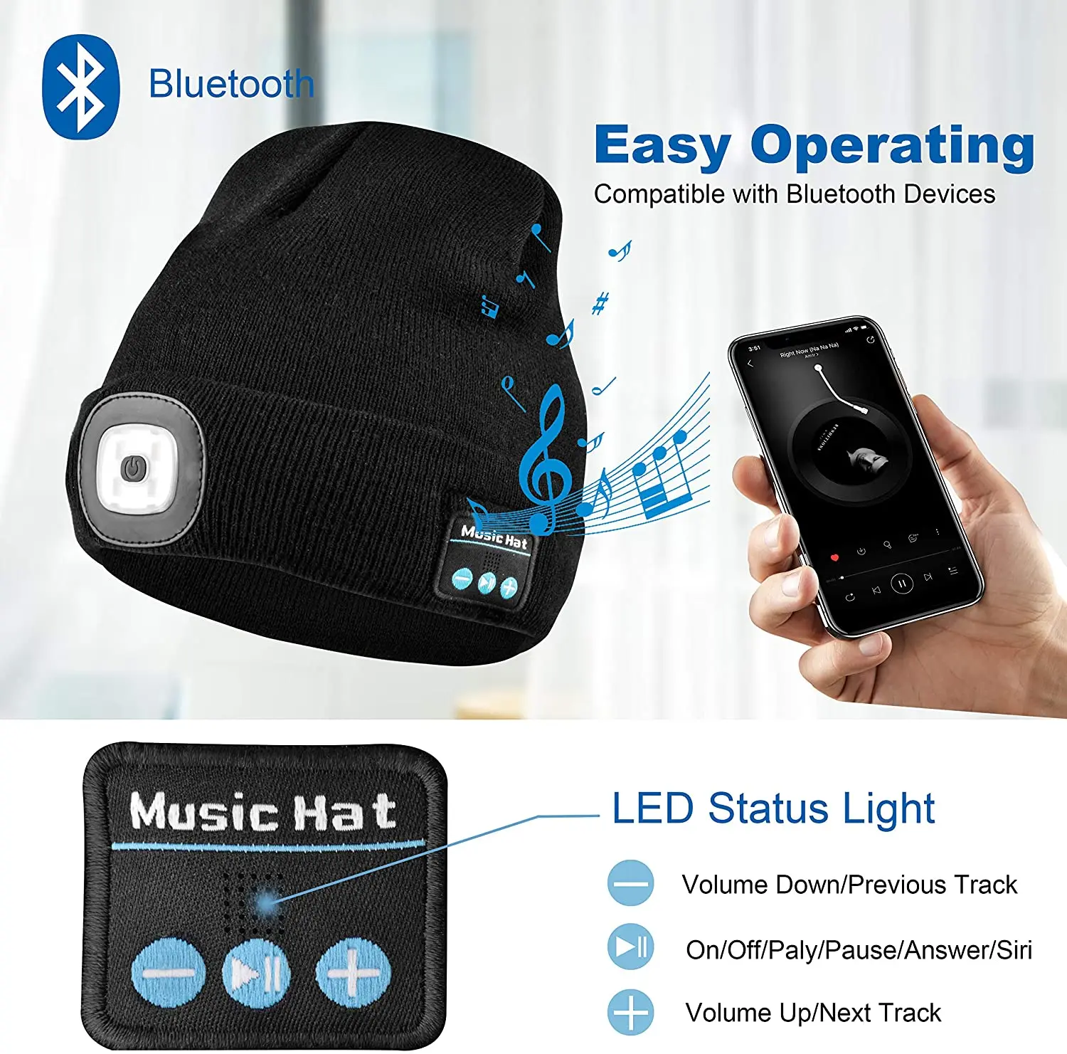 Unisex Bluetooth Beanie Hat LED Beanie Hat,Wireless Headphone USB Rechargeable Lighted Cap with Built-in HD Stereo Speak