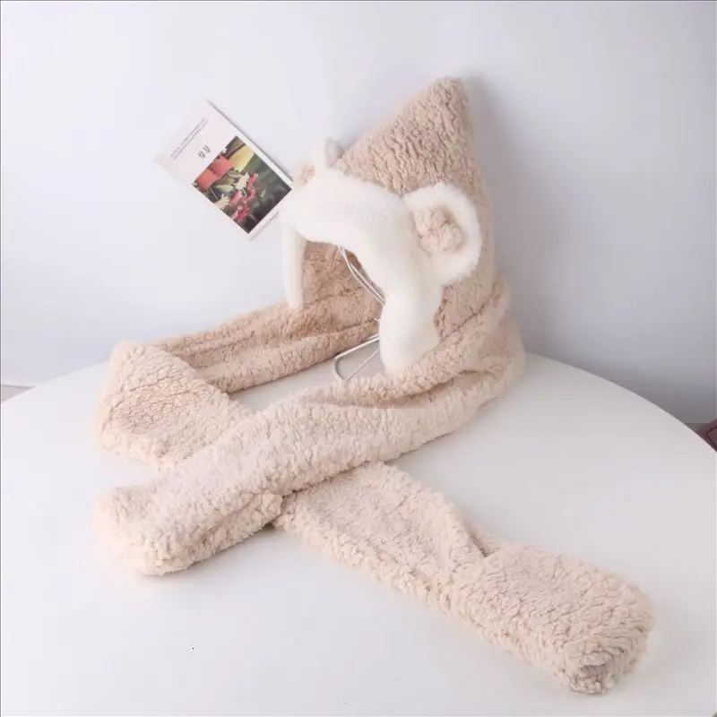 beige adult Зимняя плюшевая шапка для родителей и детей, 3 в 1, многофункциональная шапка, шарф, перчатки, набор для женщин и детей, теплые шапки для детей, шапка для маленьких девочек и мальчиков, s - Цвет: beige adult