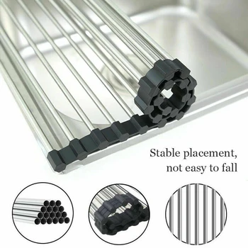 

1pc Kitchen Drying Rack Foldable Stainless Steel Kitchen Dish Drying Rack Over Sink Roll-up Dry Drainers Kitchen Tools