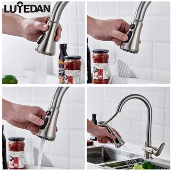 

Lutedan Three-Function Sprayer Black Kitchen Faucet Single Hole Pull Out Spout Kitchen Sink Mixer faucets Swivel 360 Degree Taps