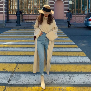 

Lazy Knitted Pullovers Sweater Long Women Autumn Winter Korean Ins Solid Retro Loose Medium Length Split Sweater Women Apricot