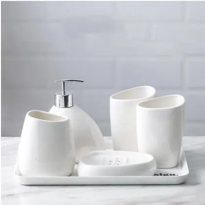 Керамический набор аксессуаров для ванной комнаты, инструменты для мытья бутылки, чашки для полоскания рта, мыло, держатель для зубных щеток, предметы домашнего обихода - Color: 5pcs with plate