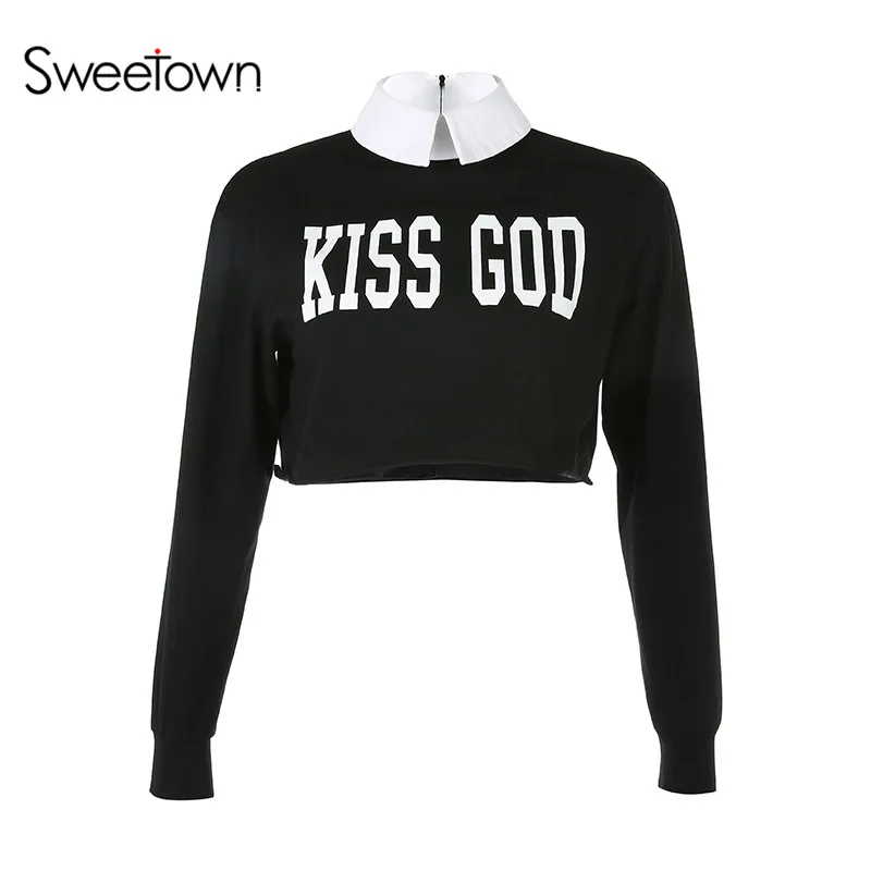 Sweetown Contrast Color Patchwork Crew Neck Cropped Sweatshirt Women Casual Print Long Sleeve Ladies Sweatshirts Streetwear - Цвет: black