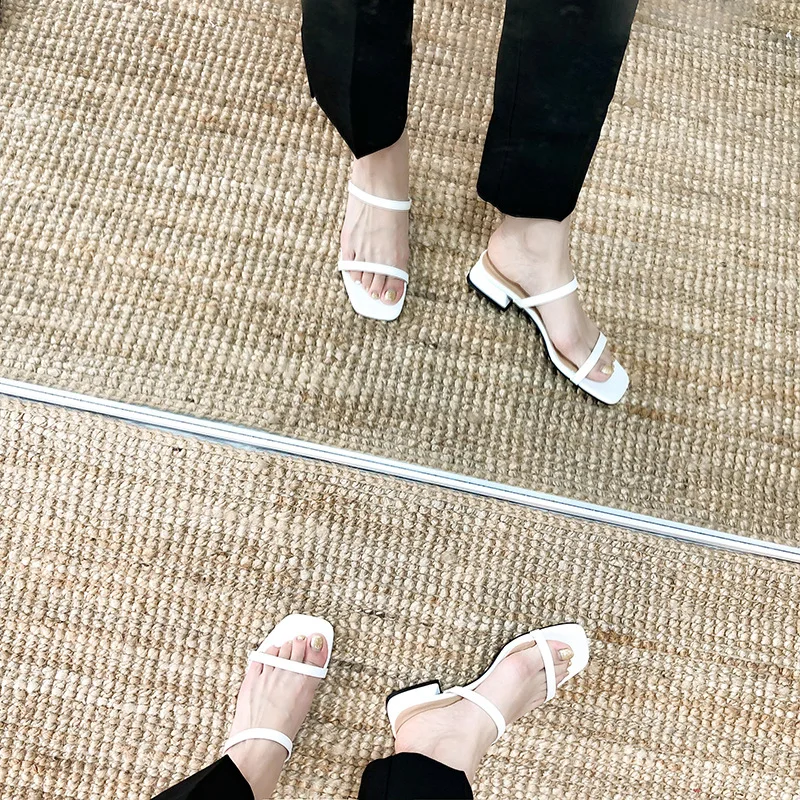 

Price WOMEN'S Shoes Square Head Simple Solid Color Line-styled Chunky-Heel Slippers High Heel Shoes Korean-style Low Heel Black