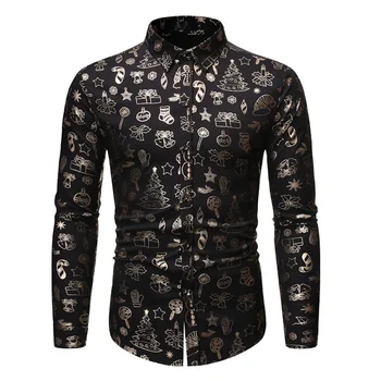 

Helisopus New Men's Gold Bronzing Shirts Long Sleeve Christmas Element Printd Slim Fit Party Shirts Camisa Masculina