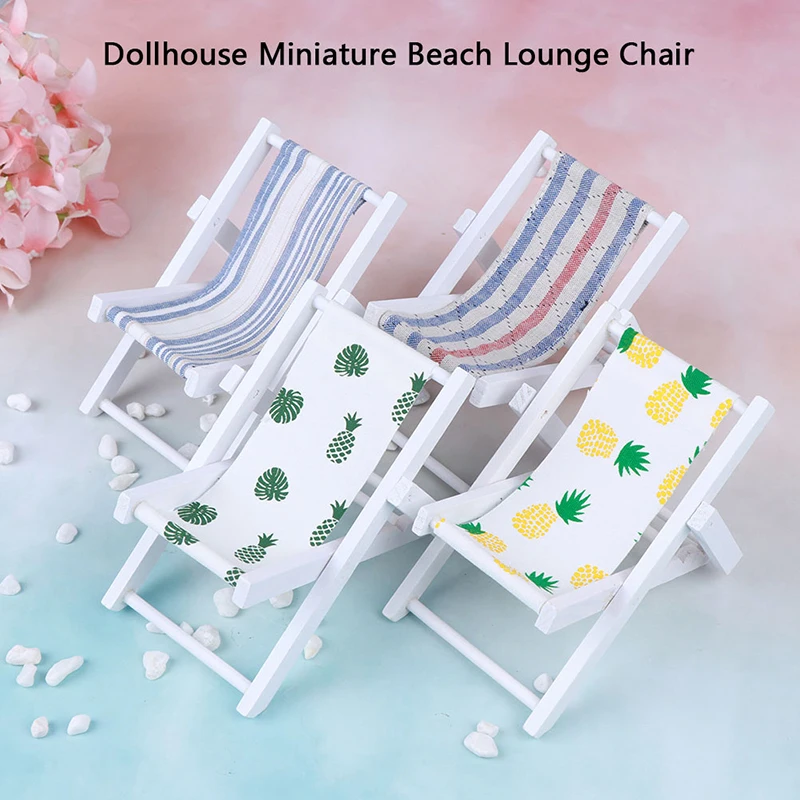 

Mini wooden Beach Lounge Chair Dollhouse Miniature Chairs Garden Decoration Furniture Folding Stripe Chair Diy Doll House Decor