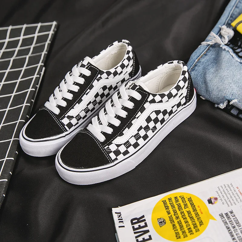 CHIC Canvas Shoes Female Spring Checkerboard Students Harajuku Black And White Plaid Ulzzang Versatile Board Shoes 1992 Sho