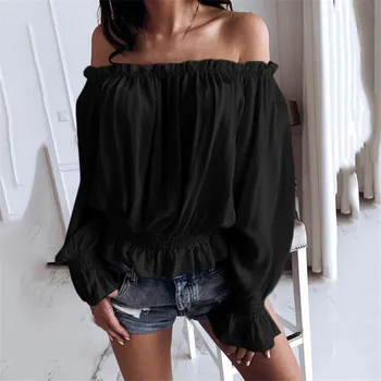

New Women Long Lantern Sleeve Blouse Solid Off Shoulder Ruffle Beach Shirts Summer Loose Beach Cover Up Short Shirt