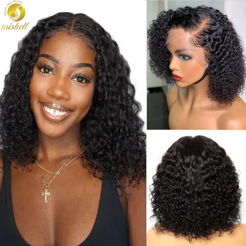 Mishell Rizado corto Bob-pelucas de cabello humano con encaje Frontal 13x4, prearrancado, para mujeres negras, peluca Virgin con ondas de agua profunda