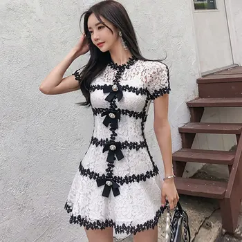 

Summer Hollow Out Full Lace Two Piece Vestidos A-Line Mini Bowknot Princess Sexy Dress